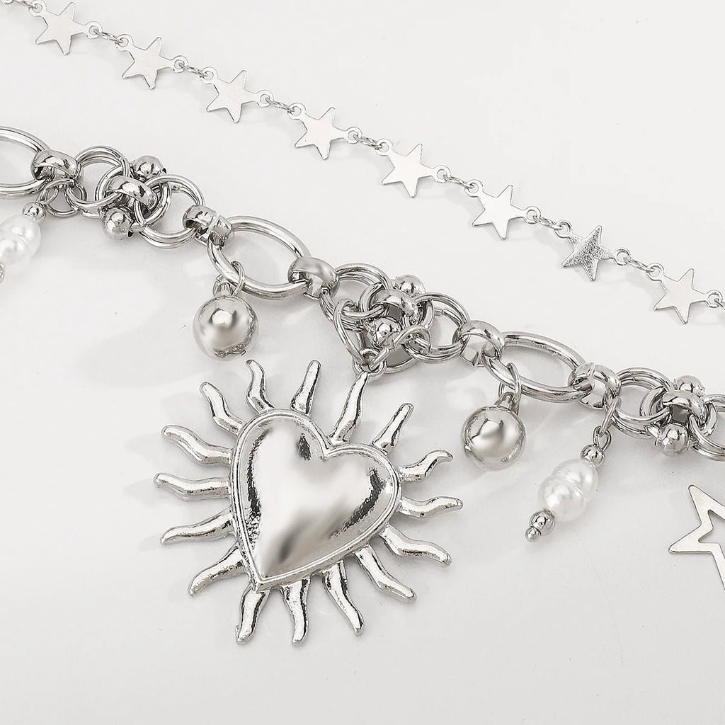 Sunburst Heart Charm Silver Collar