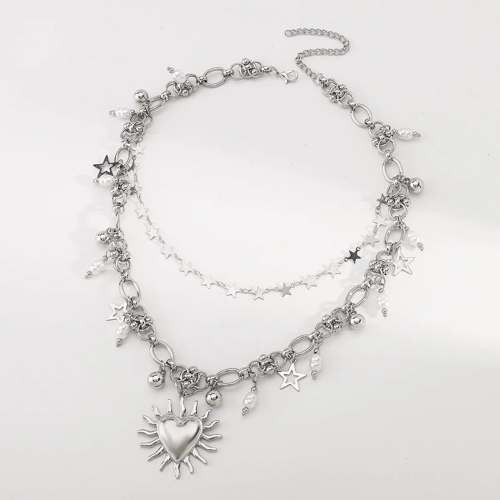 Sunburst Heart Charm Silver Collar